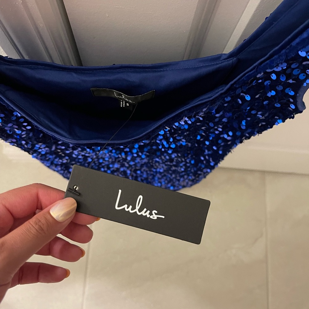 Lulus Seeing Sparkles Royal Blue Velvet Sequin Square Neck Mini Dress - Picture 8 of 15
